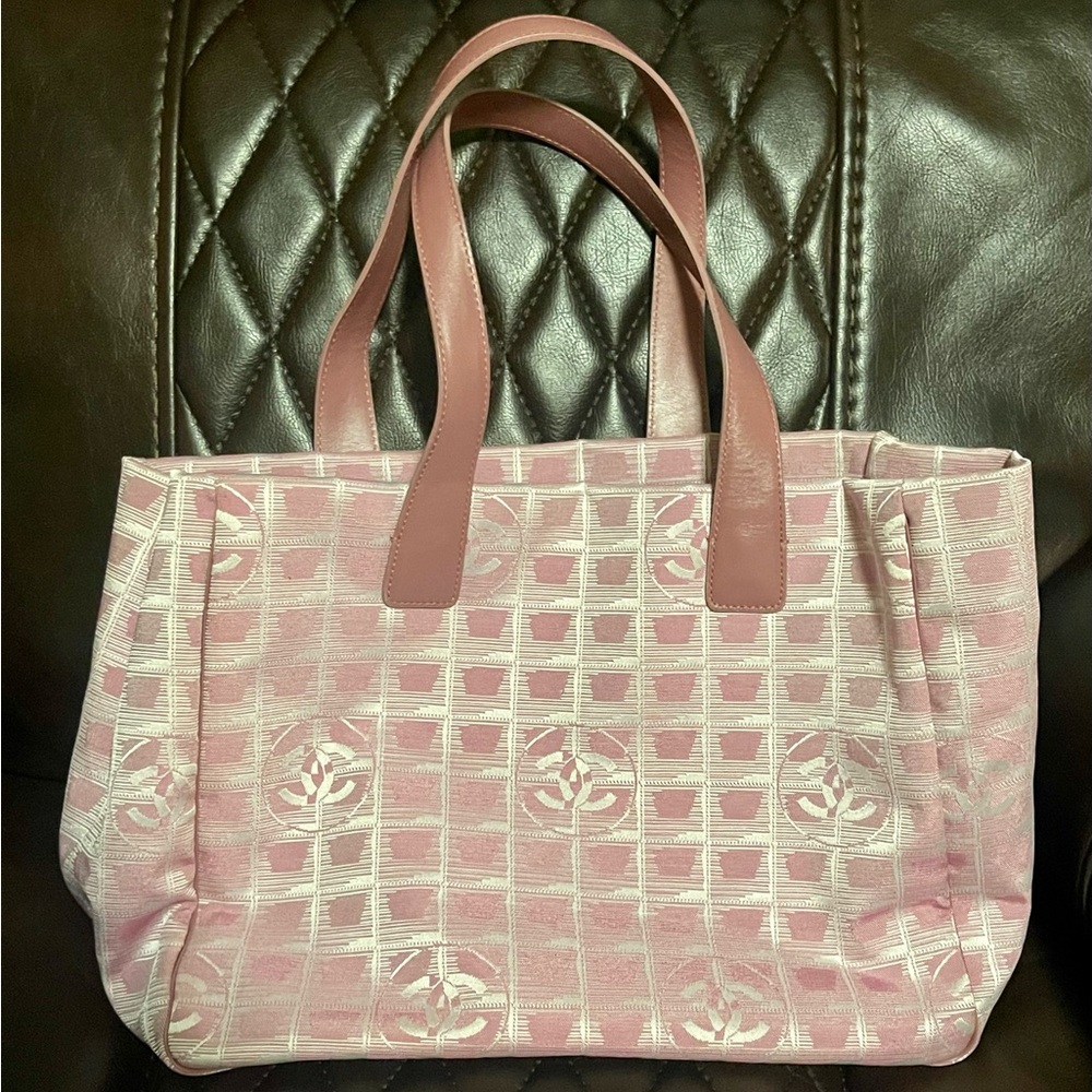 CHANEL Pink Jacquard Logo Grid Tote with Leather Handles